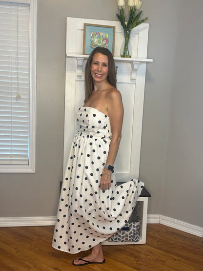 Polka Dot Strapless Midi Dress