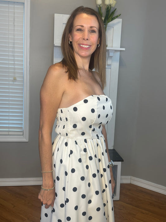 Polka Dot Strapless Midi Dress