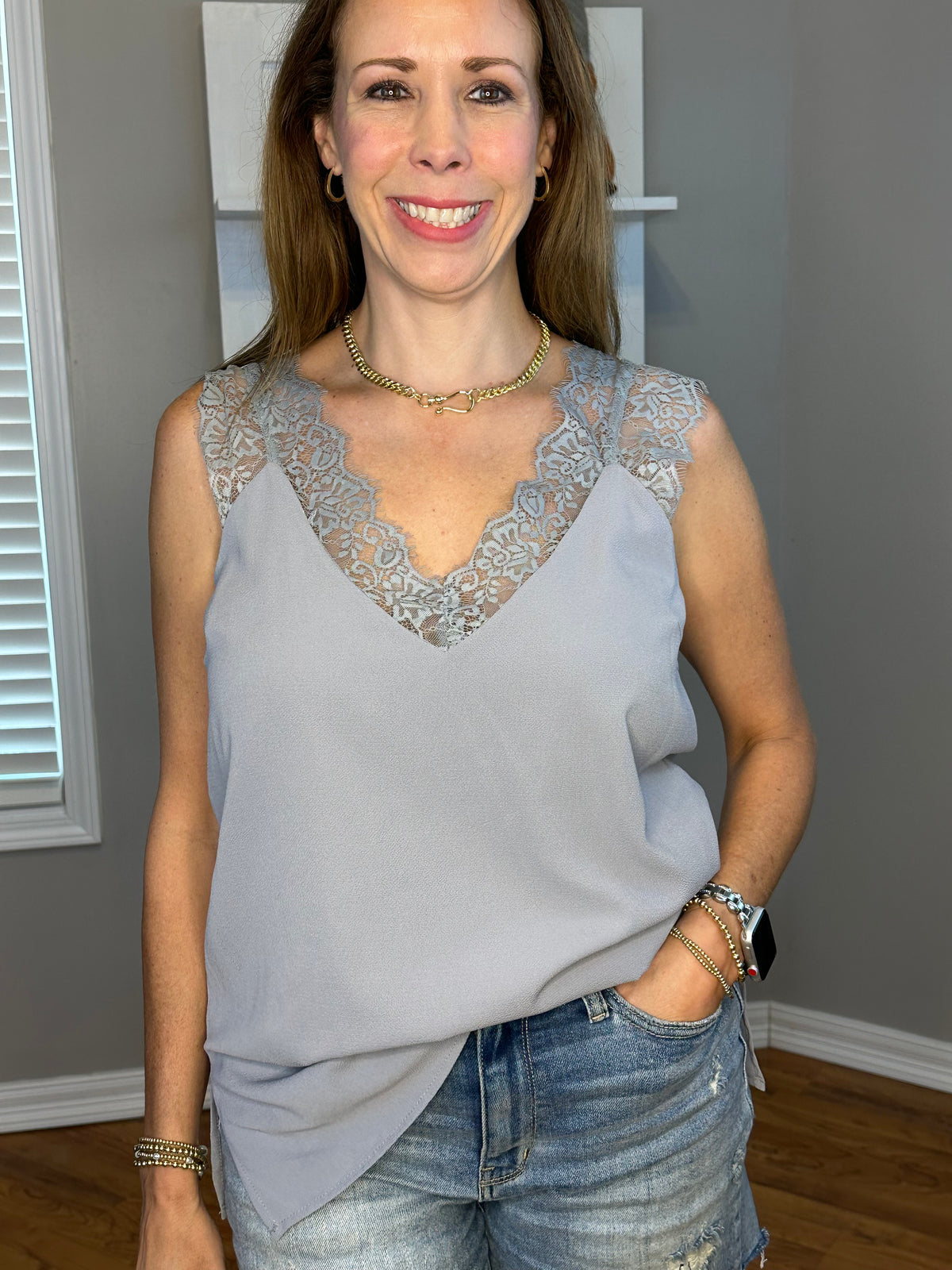 Sleeveless V-Neck Floral Lace Cami Top with Side Slits