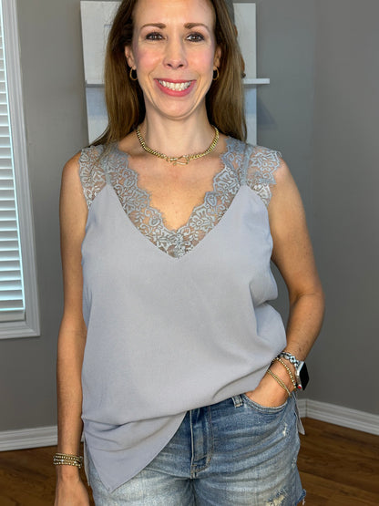 Sleeveless V-Neck Floral Lace Cami Top with Side Slits