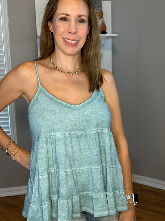 Garment Dye Adjustable Spaghetti Strap Ruffle Tiered Top