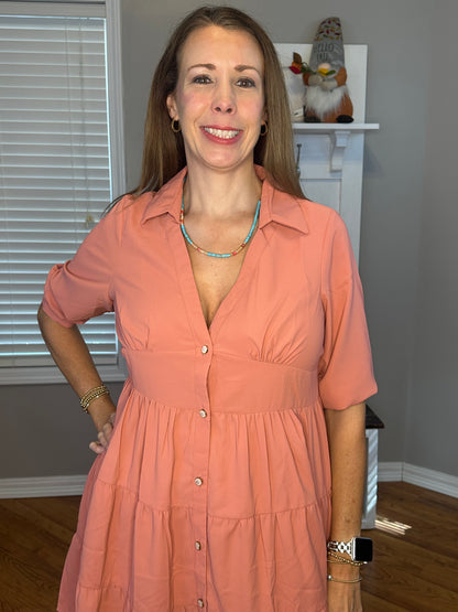Soft Coral  Empire Waist Collared Button Up Tiered Dress