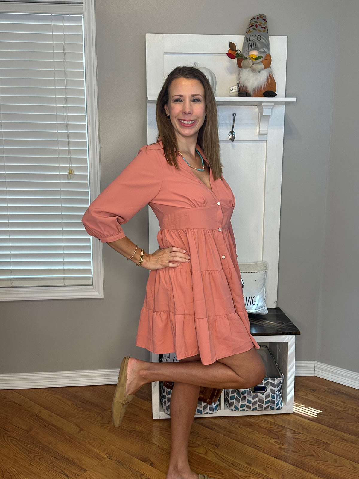 Soft Coral  Empire Waist Collared Button Up Tiered Dress