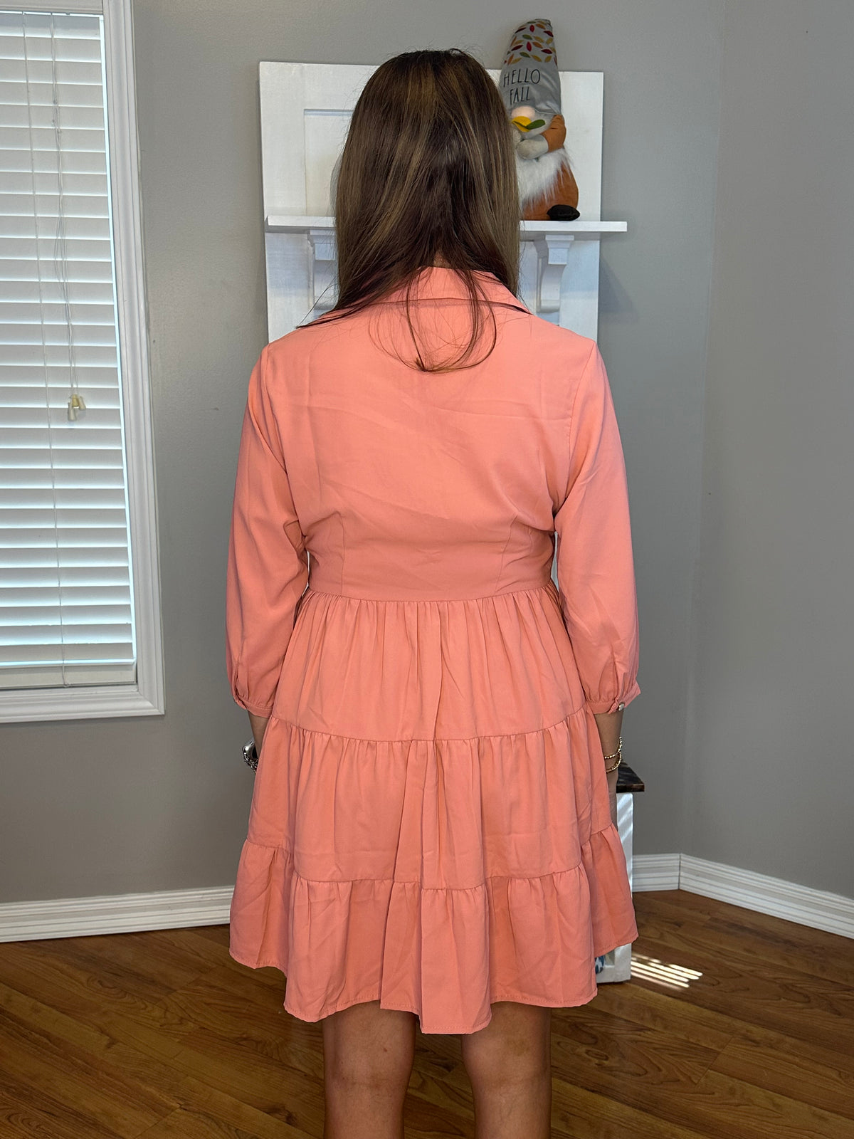 Soft Coral  Empire Waist Collared Button Up Tiered Dress