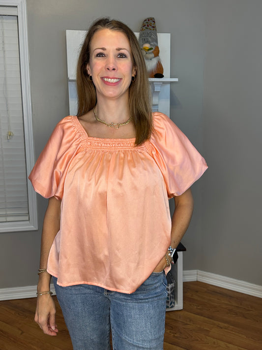 Peach satin square neck bubble sleeve top