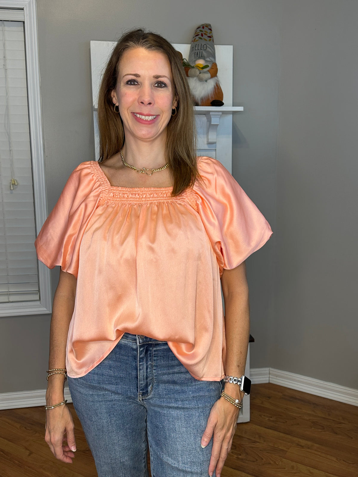 Peach satin square neck bubble sleeve top