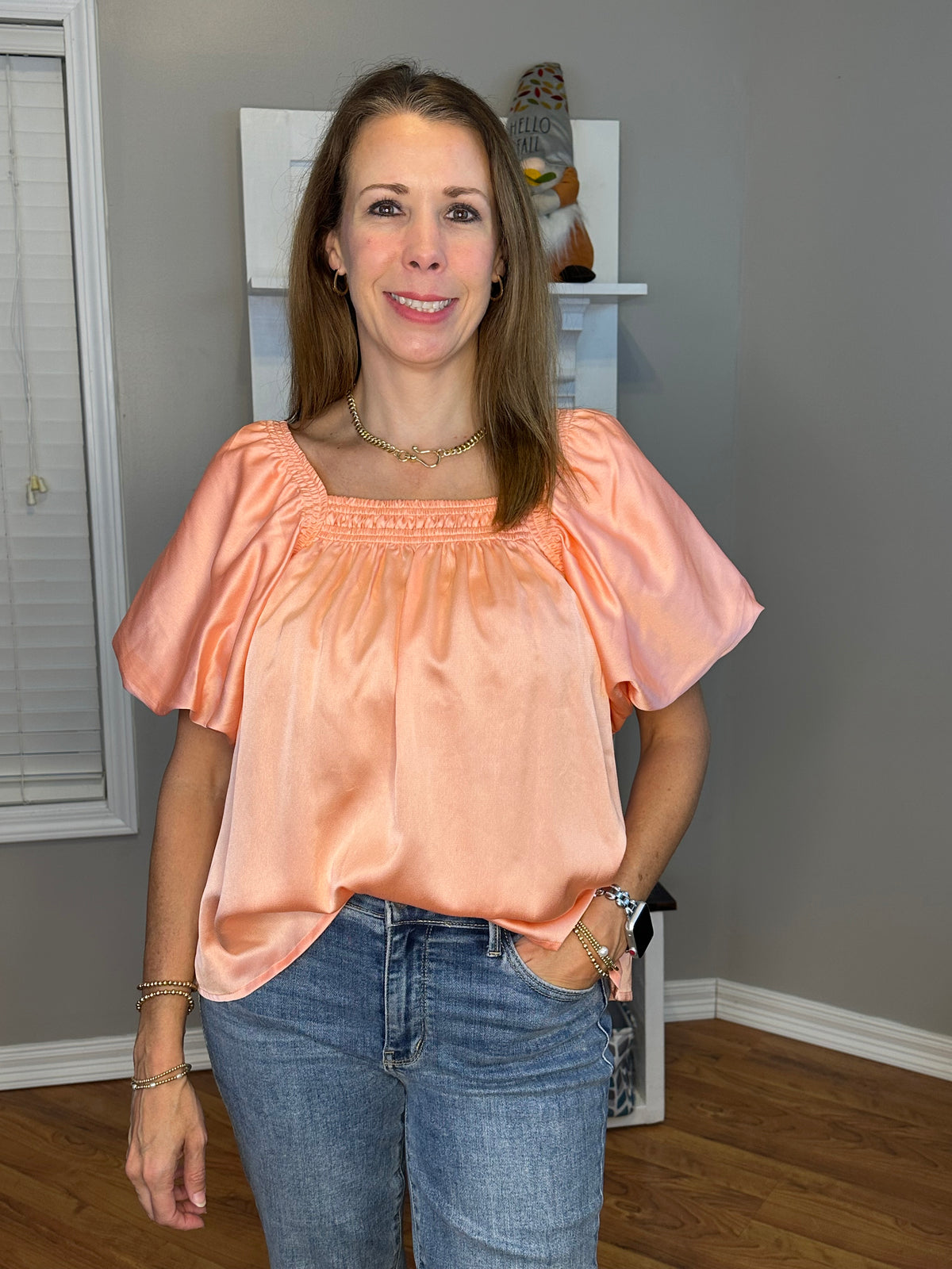 Peach satin square neck bubble sleeve top