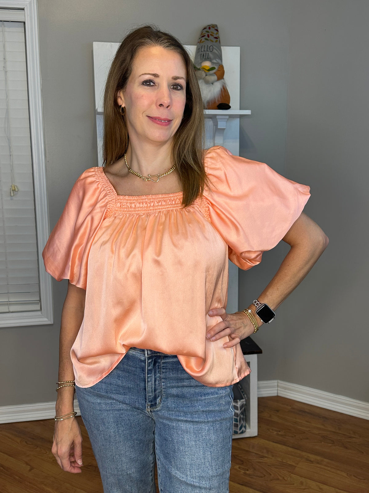Peach satin square neck bubble sleeve top