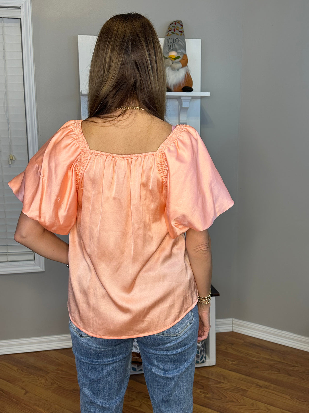 Peach satin square neck bubble sleeve top