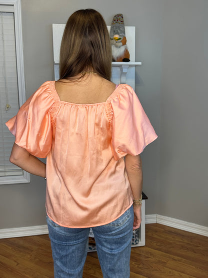 Peach satin square neck bubble sleeve top
