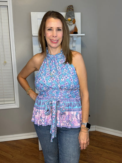 Floral print high neck sleeveless top
