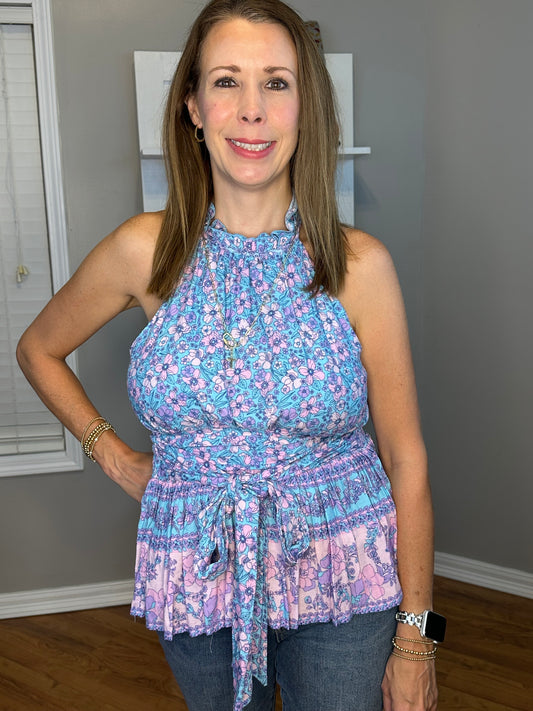 Floral print high neck sleeveless top