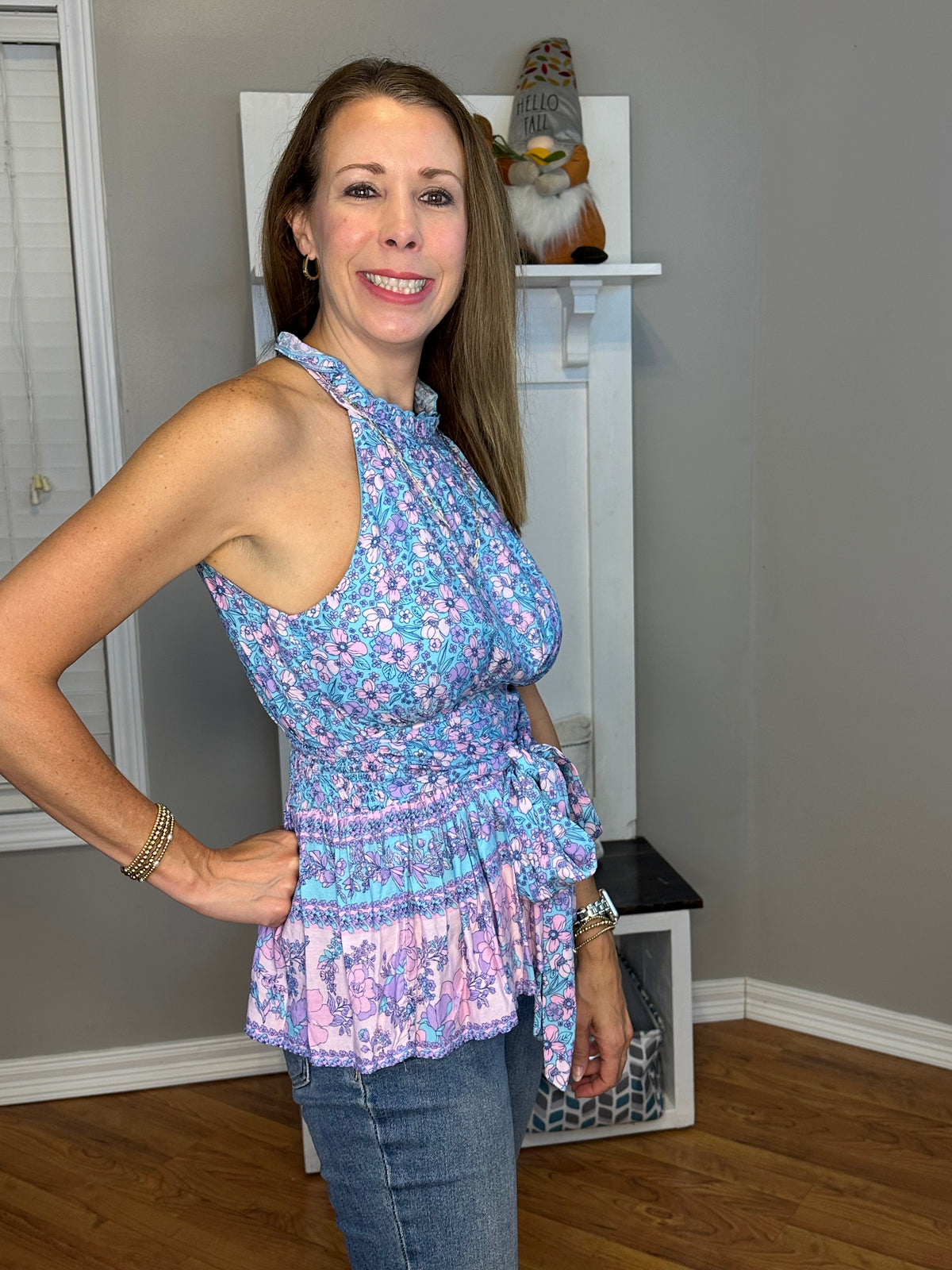 Floral print high neck sleeveless top
