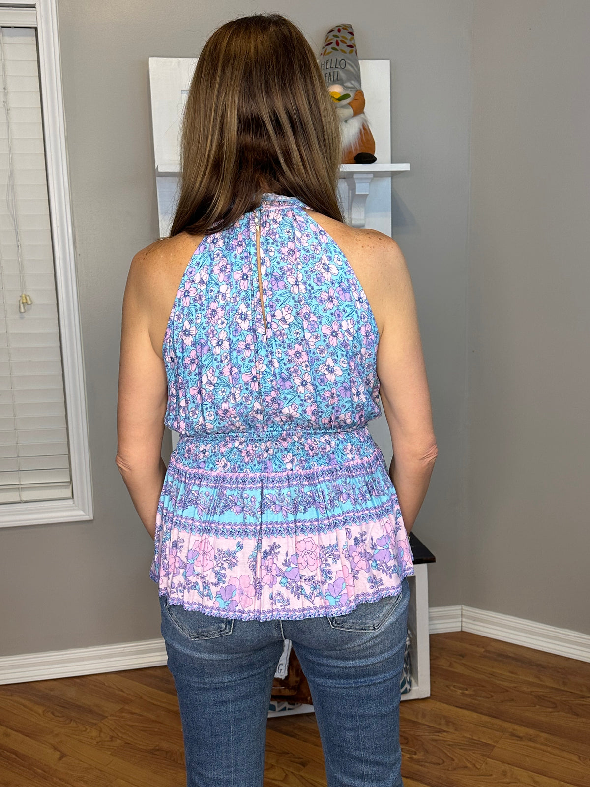 Floral print high neck sleeveless top