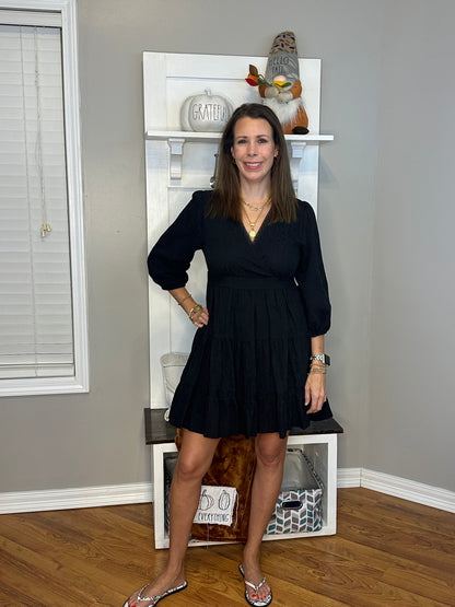 Black Eyelet Detail Tiered Dress 3/4 Sleeves with No Lining