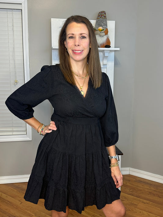 Black Eyelet Detail Tiered Dress 3/4 Sleeves with No Lining