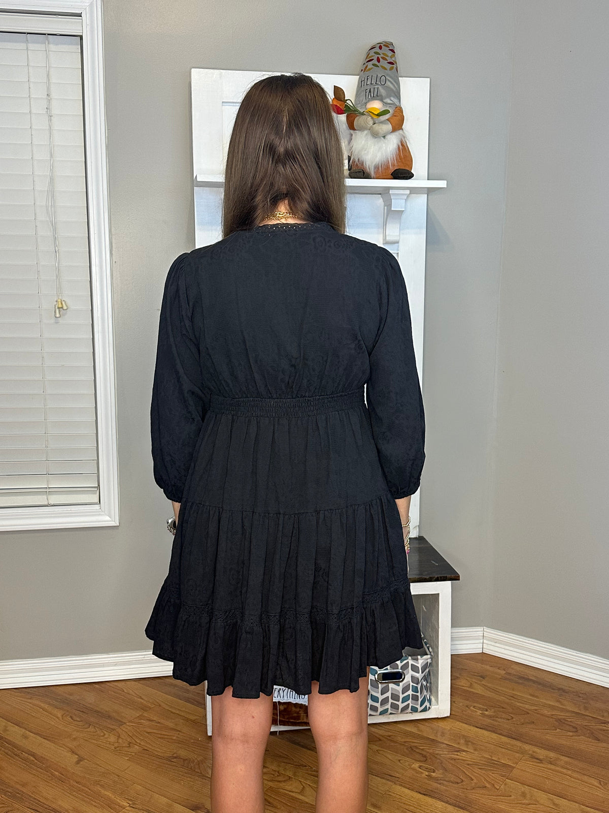 Black Eyelet Detail Tiered Dress 3/4 Sleeves with No Lining