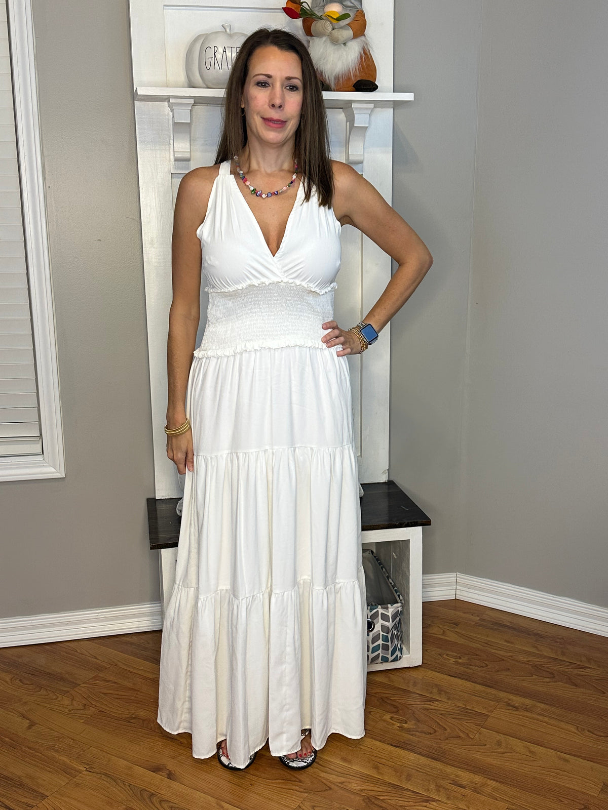 White solid v-neck sleeveless tiered maxi dress