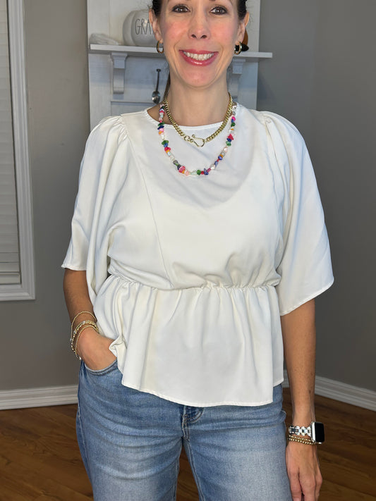 White Round Neck Back Tie With Tassel Babydoll Top