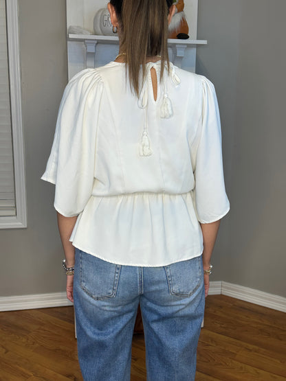 White Round Neck Back Tie With Tassel Babydoll Top