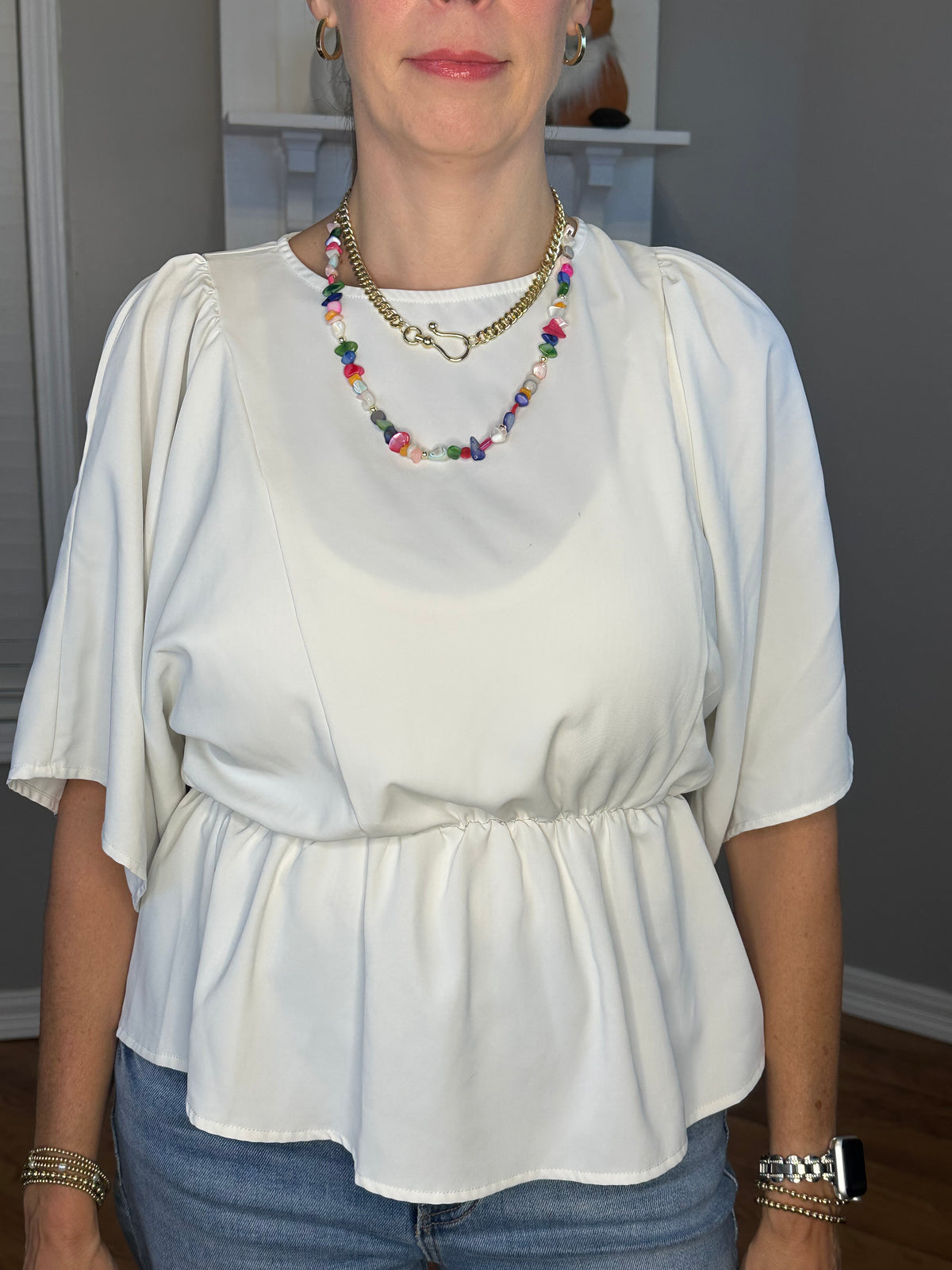 White Round Neck Back Tie With Tassel Babydoll Top