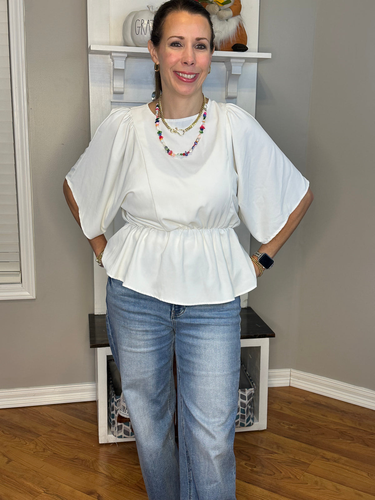 White Round Neck Back Tie With Tassel Babydoll Top