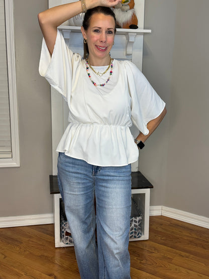 White Round Neck Back Tie With Tassel Babydoll Top