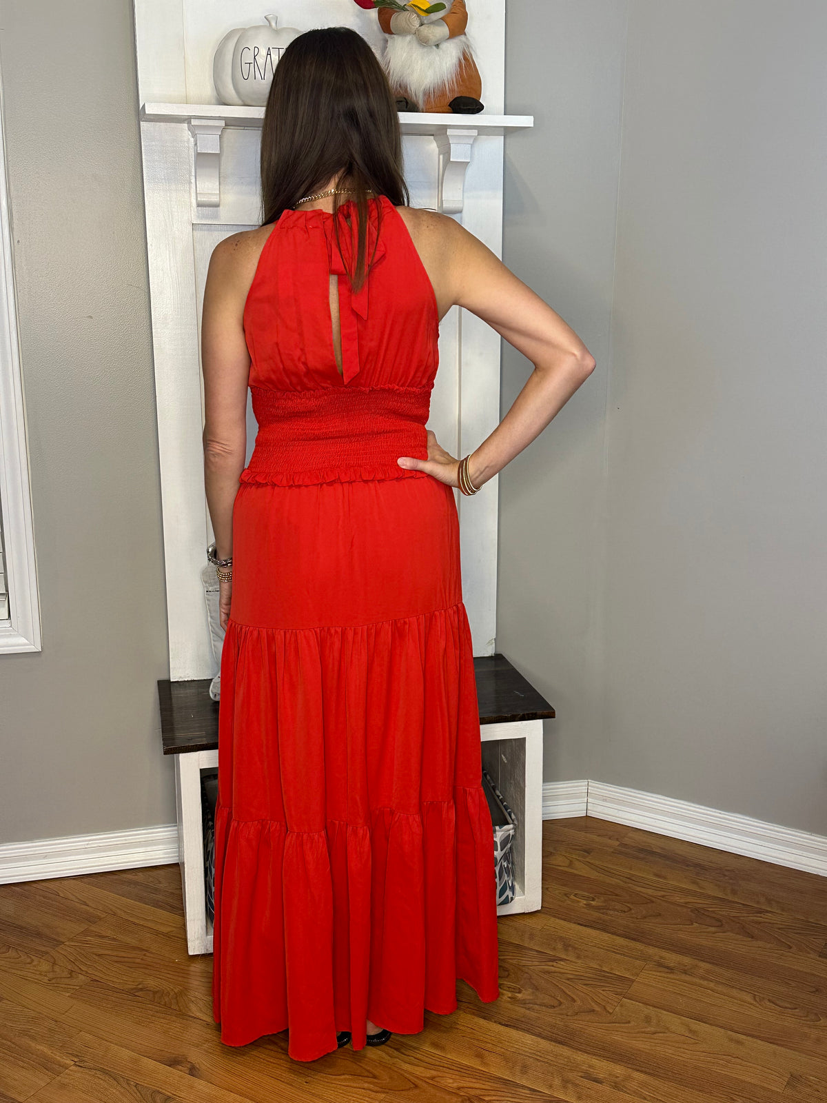 Red solid v-neck sleeveless tiered maxi dress