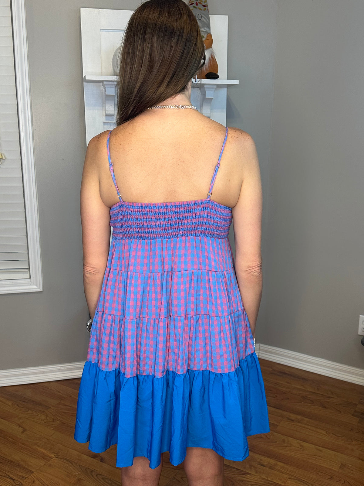 Gingham Print V-Neck Tiered Mini Dress