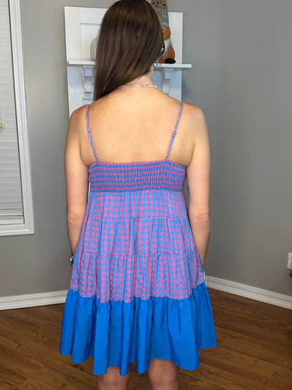 Gingham Print V-Neck Tiered Mini Dress