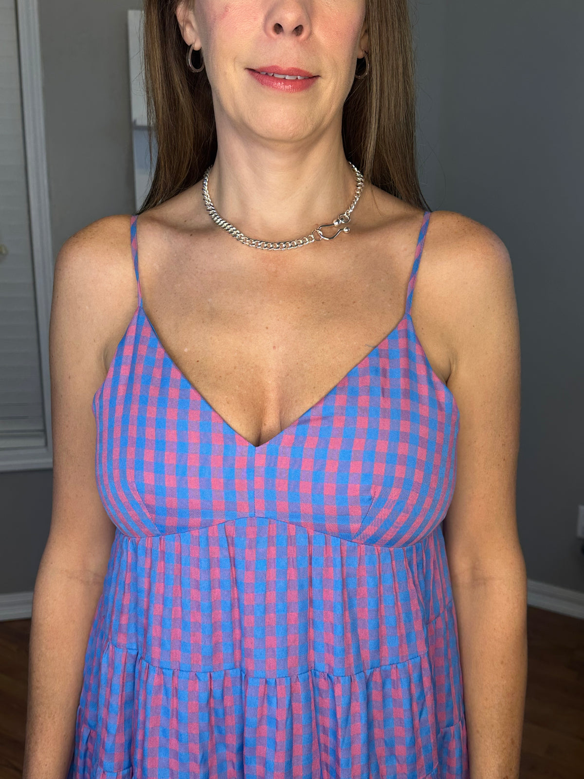 Gingham Print V-Neck Tiered Mini Dress