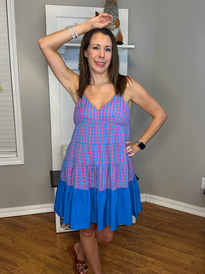 Gingham Print V-Neck Tiered Mini Dress