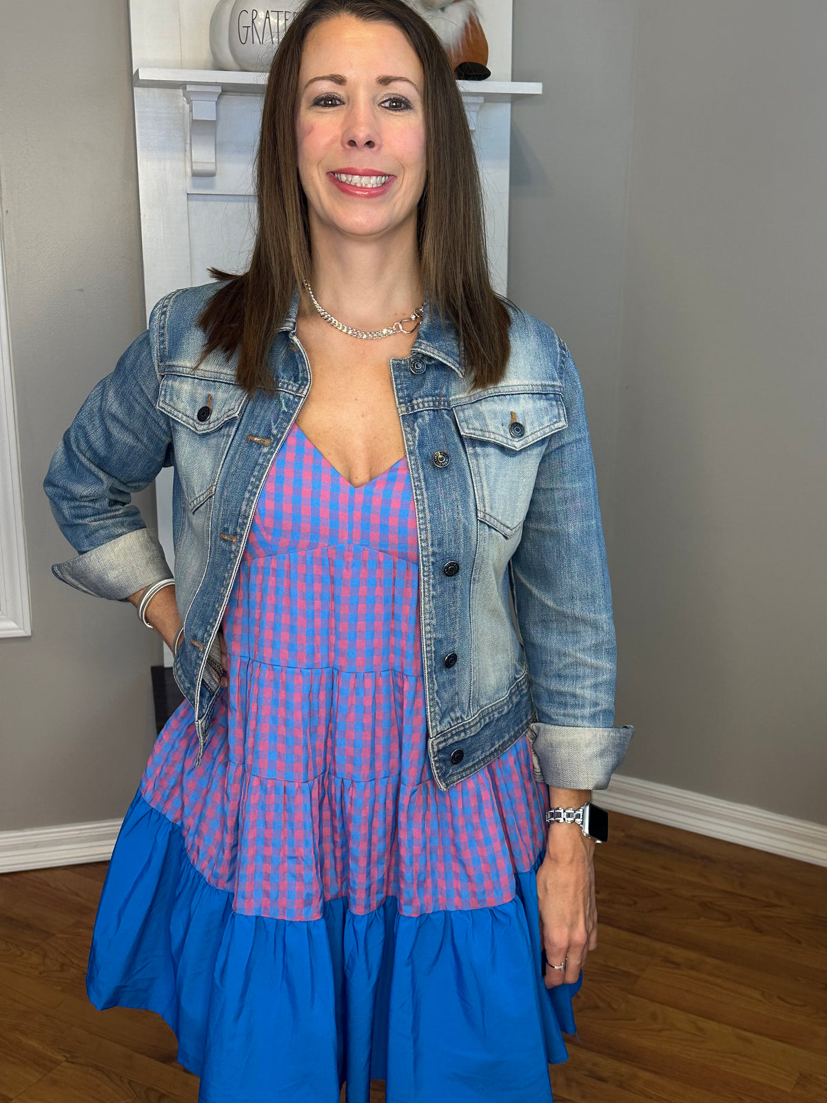 Gingham Print V-Neck Tiered Mini Dress