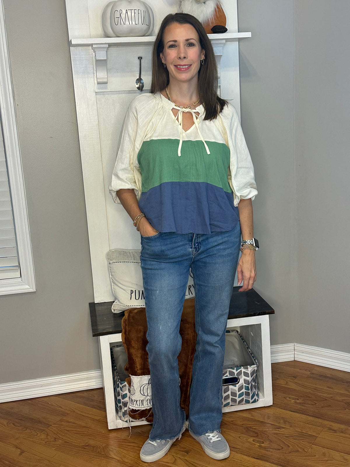 Linen Blend Colorblock Open Front Tie Top with Balloon Sleeve