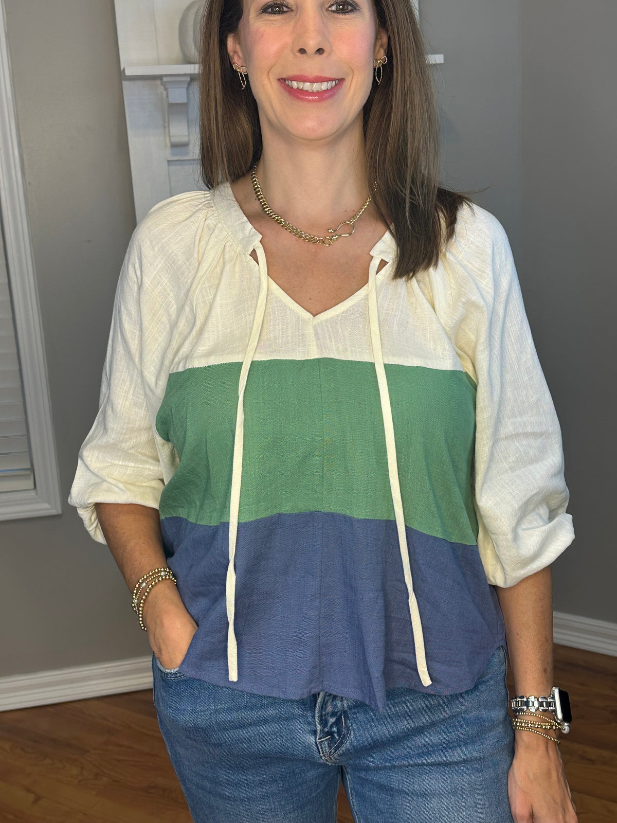 Linen Blend Colorblock Open Front Tie Top with Balloon Sleeve