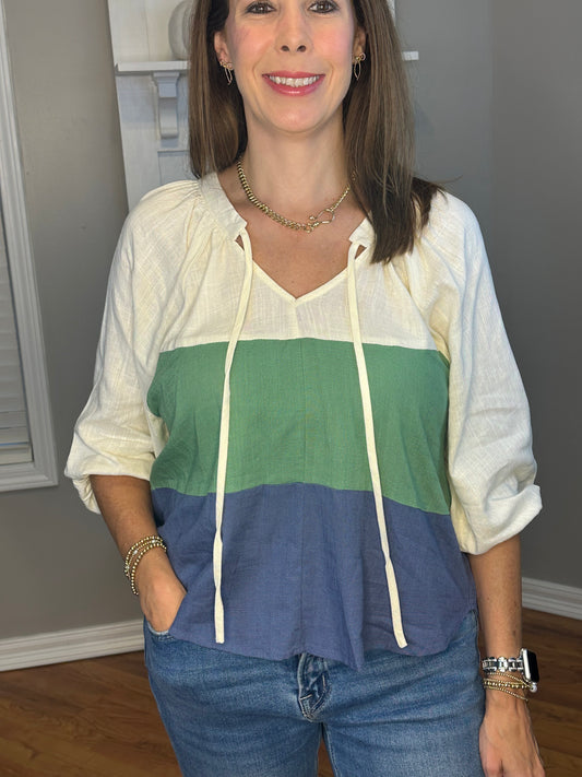 Linen Blend Colorblock Open Front Tie Top with Balloon Sleeve
