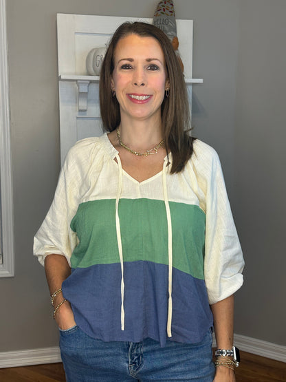 Linen Blend Colorblock Open Front Tie Top with Balloon Sleeve