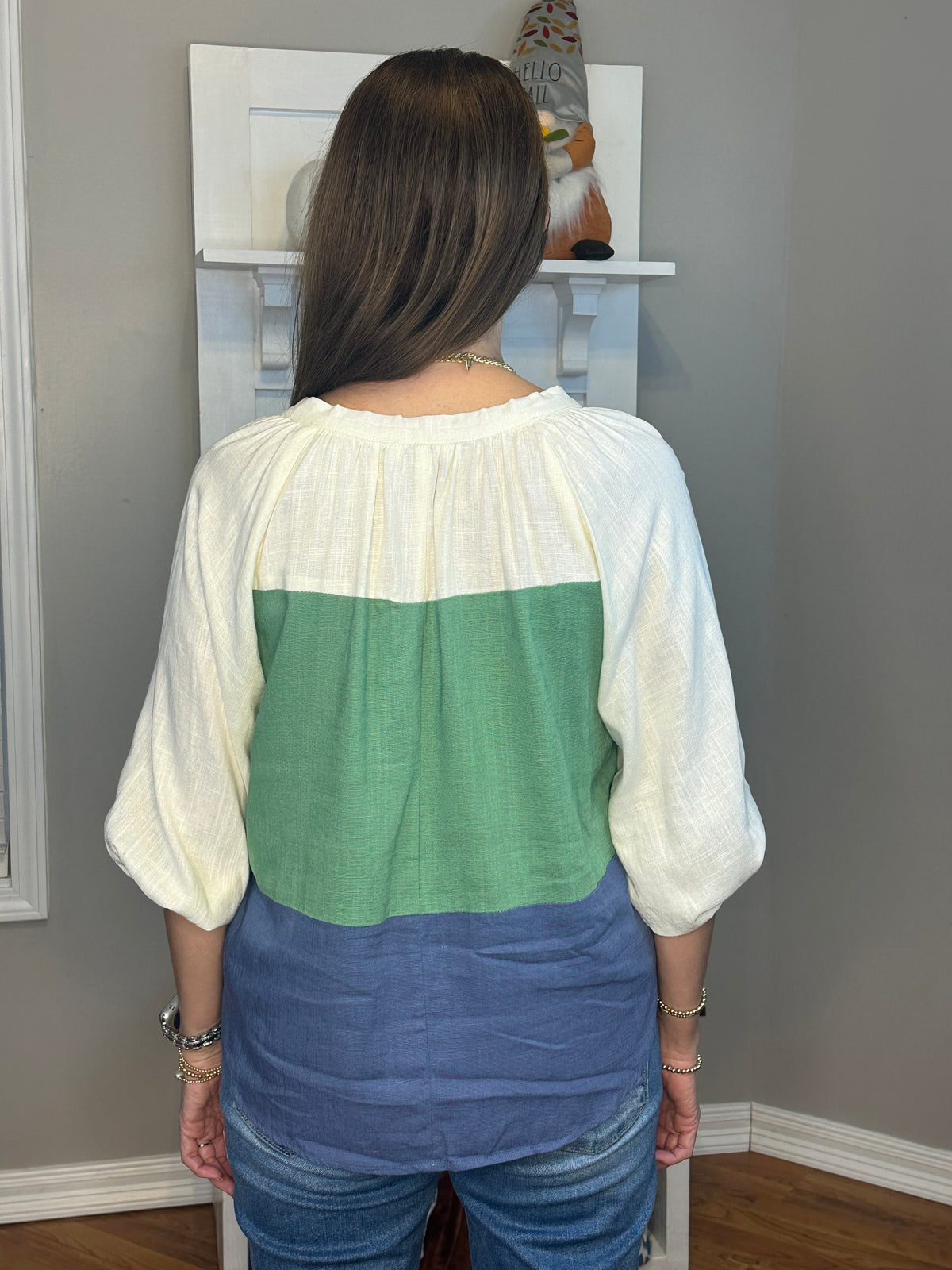 Linen Blend Colorblock Open Front Tie Top with Balloon Sleeve