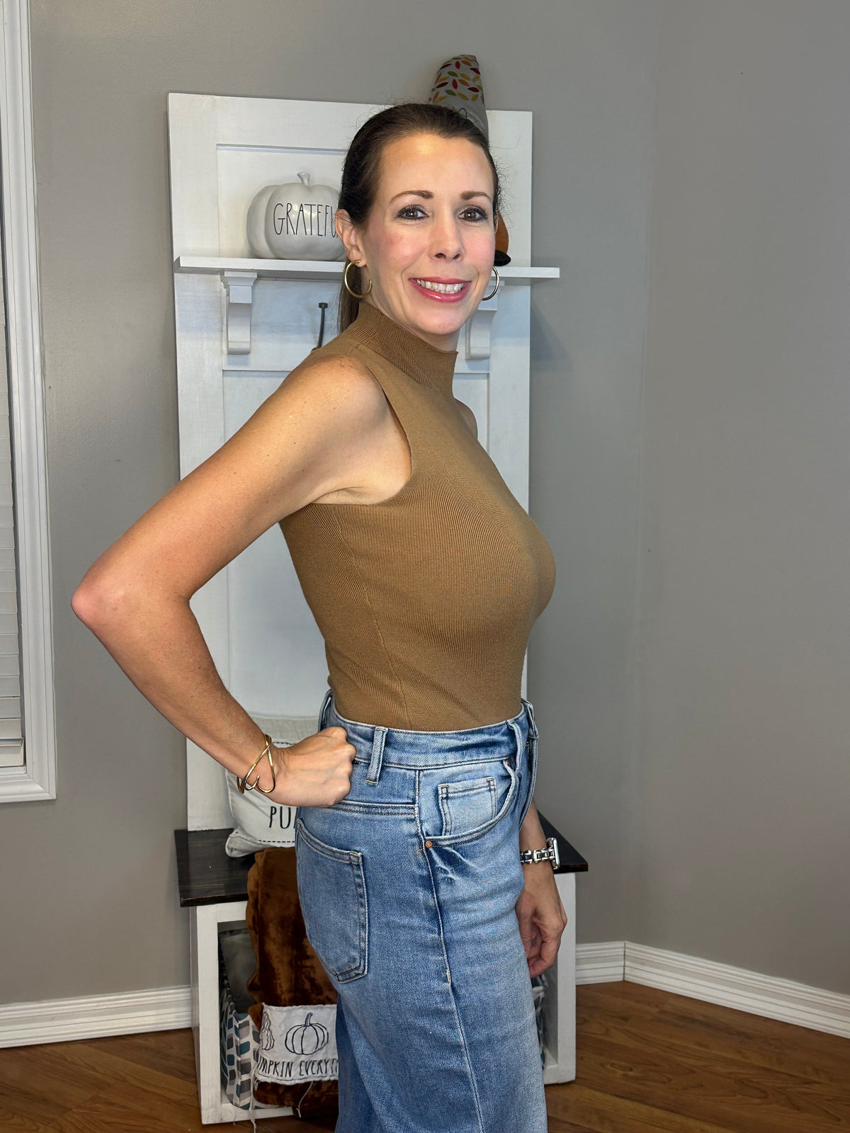 Caramel turtleneck tank knitted bodysuit