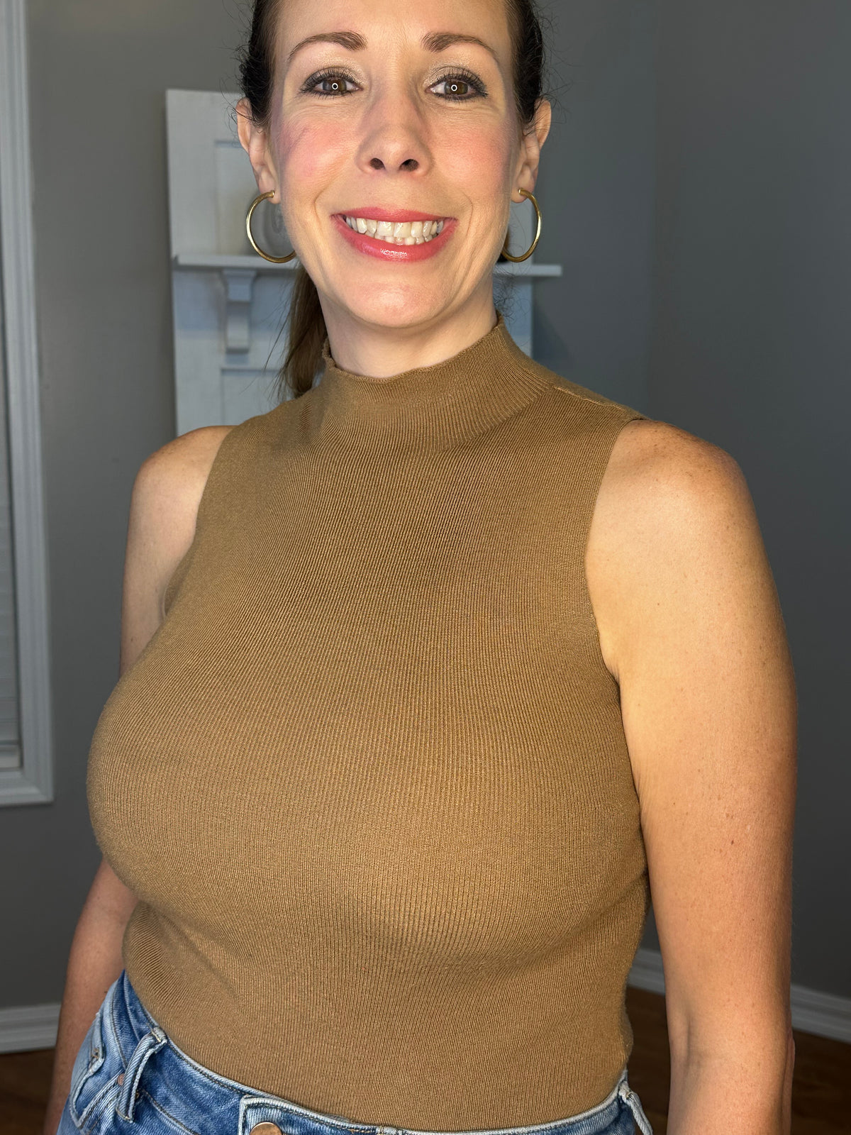 Caramel turtleneck tank knitted bodysuit