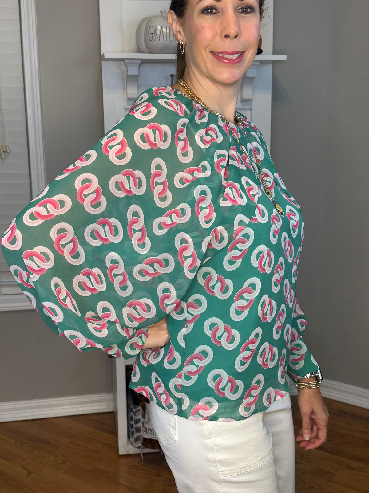 Print round neck long sleeve top