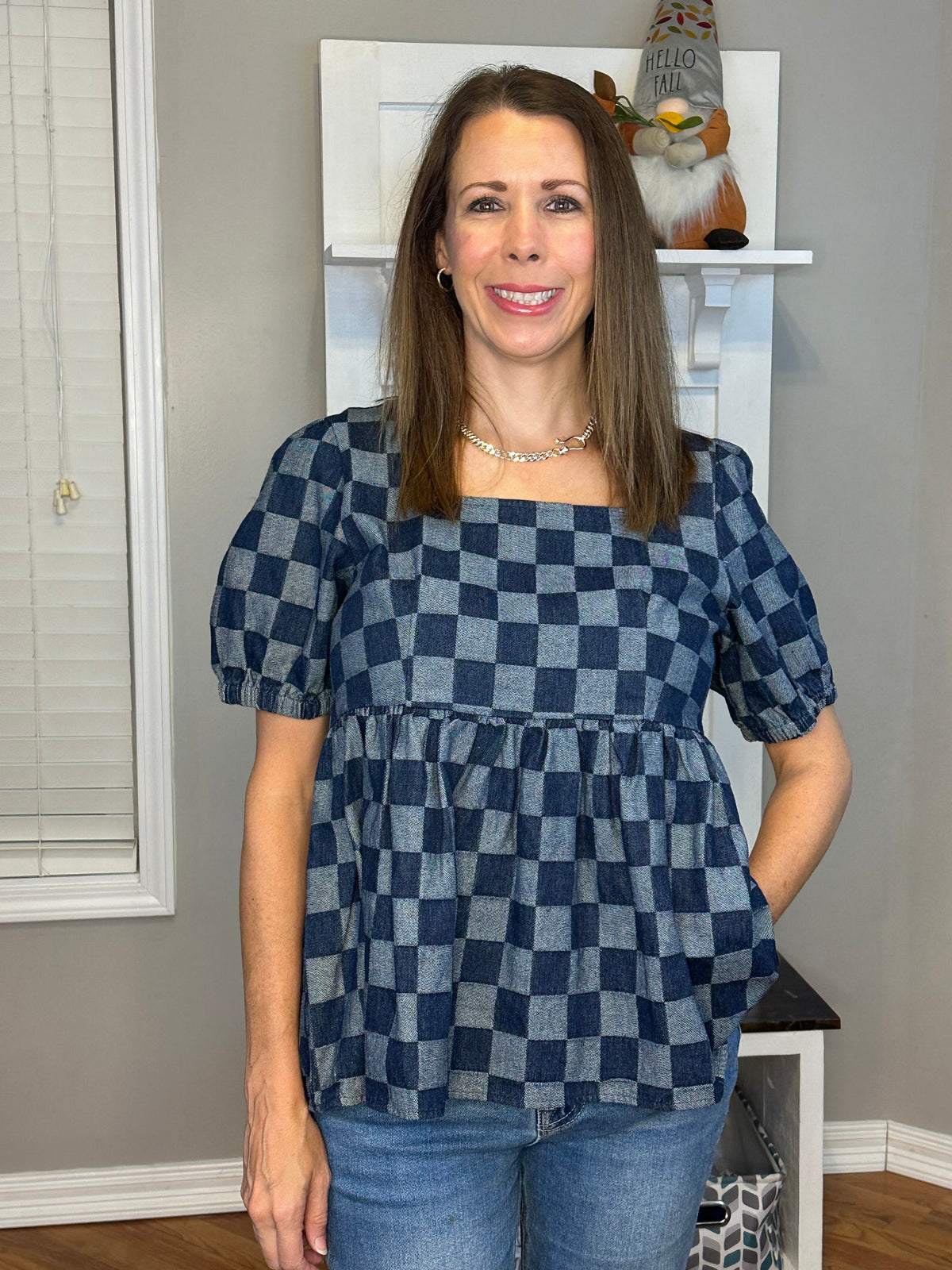 Checkered Print Denim Square Neck Puff Sleeve Peplum Top.