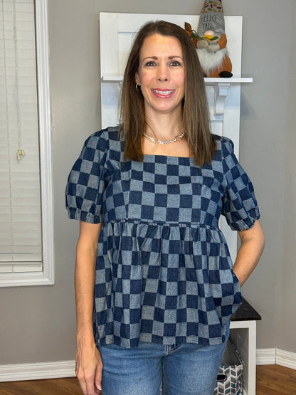 Checkered Print Denim Square Neck Puff Sleeve Peplum Top.