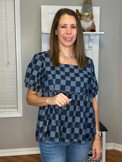 Checkered Print Denim Square Neck Puff Sleeve Peplum Top.