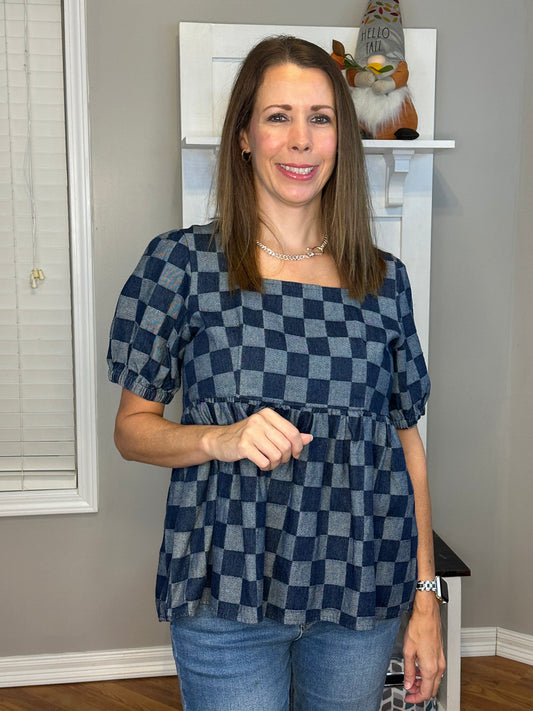 Checkered Print Denim Square Neck Puff Sleeve Peplum Top.