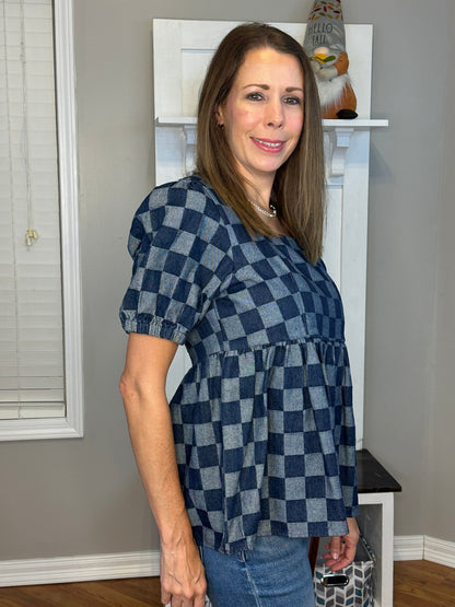Checkered Print Denim Square Neck Puff Sleeve Peplum Top.
