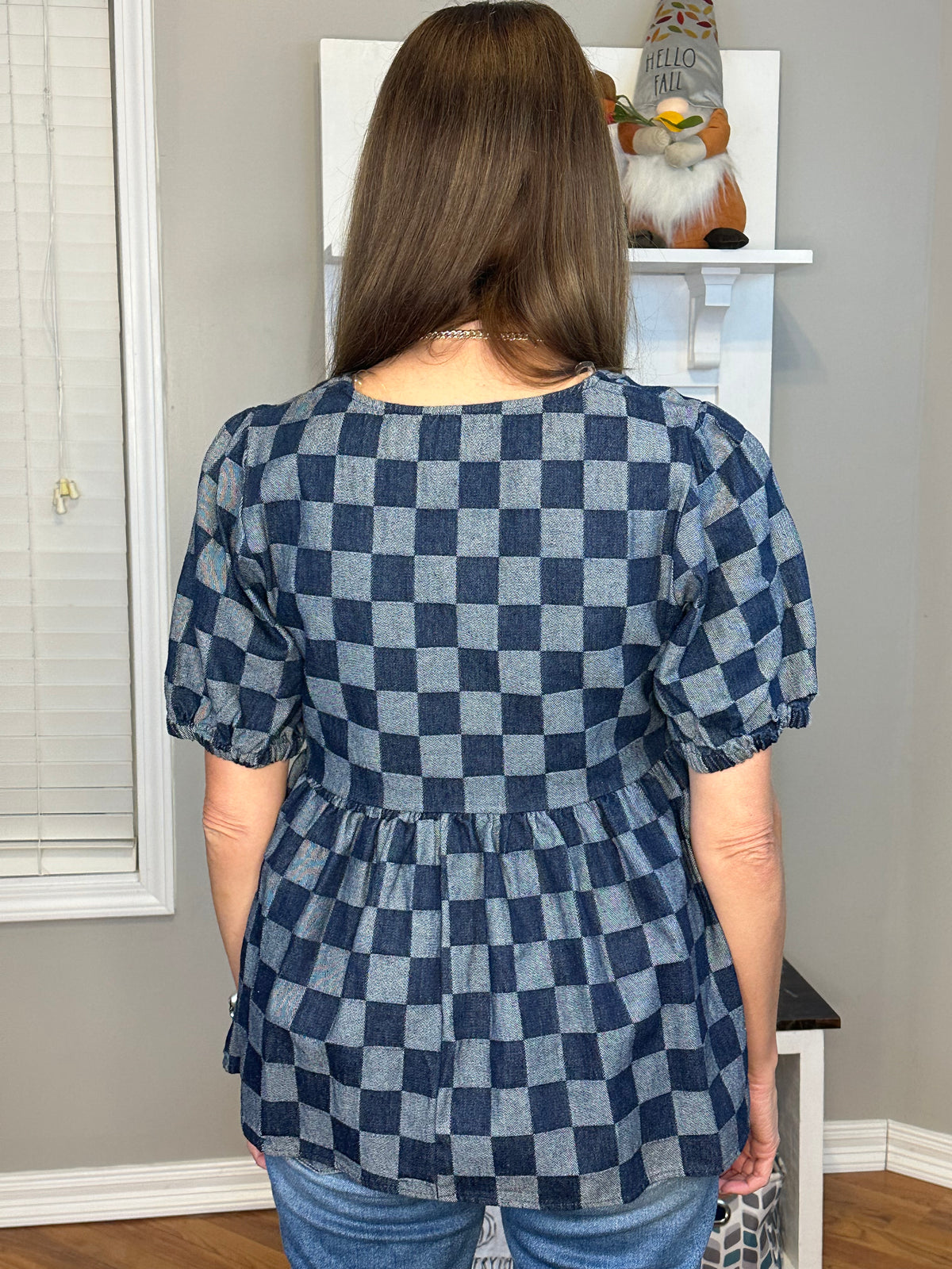 Checkered Print Denim Square Neck Puff Sleeve Peplum Top.