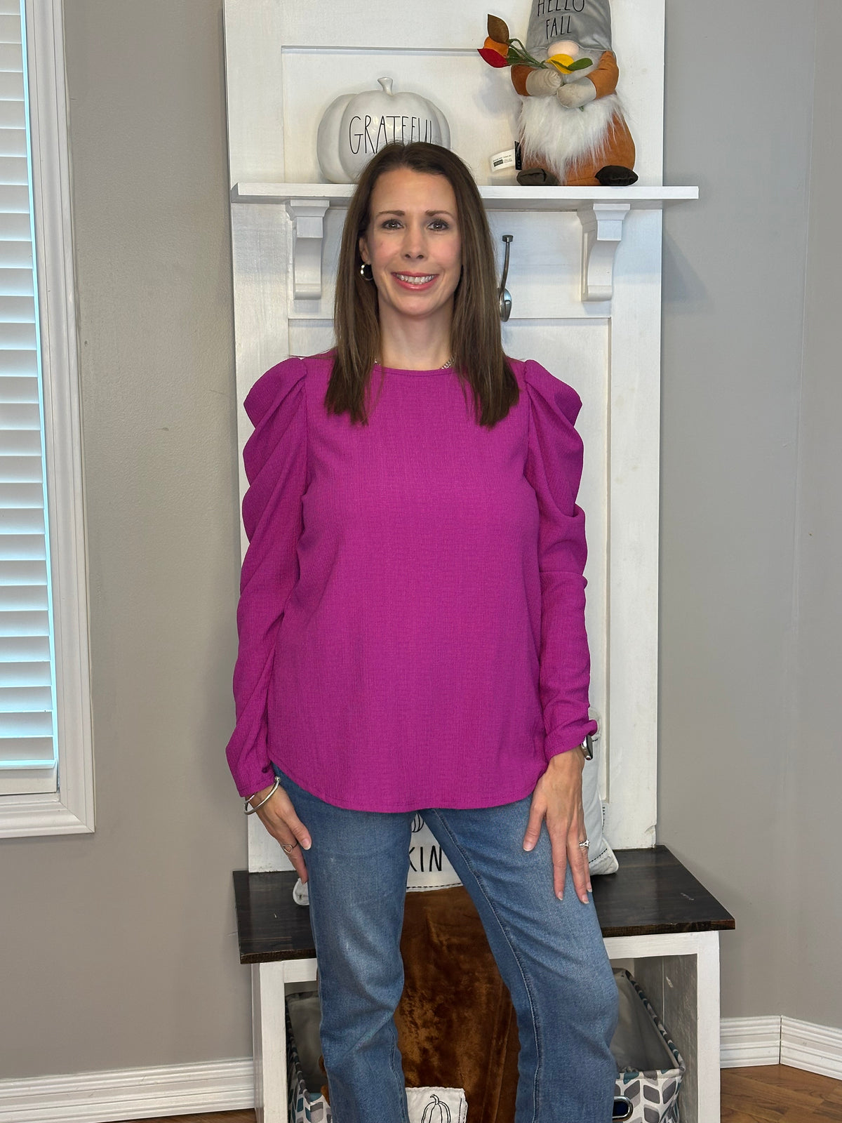 Magenta Solid Color Wrinkle Puff Long Sleeve Blouse