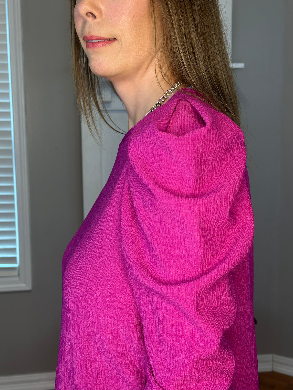Magenta Solid Color Wrinkle Puff Long Sleeve Blouse