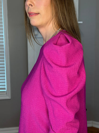 Magenta Solid Color Wrinkle Puff Long Sleeve Blouse